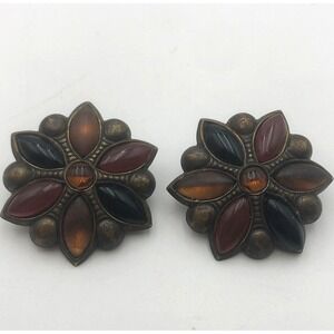 vintage Majorie Baer SF Floral Flowe Brown clip on earrings  Unique 1.5"